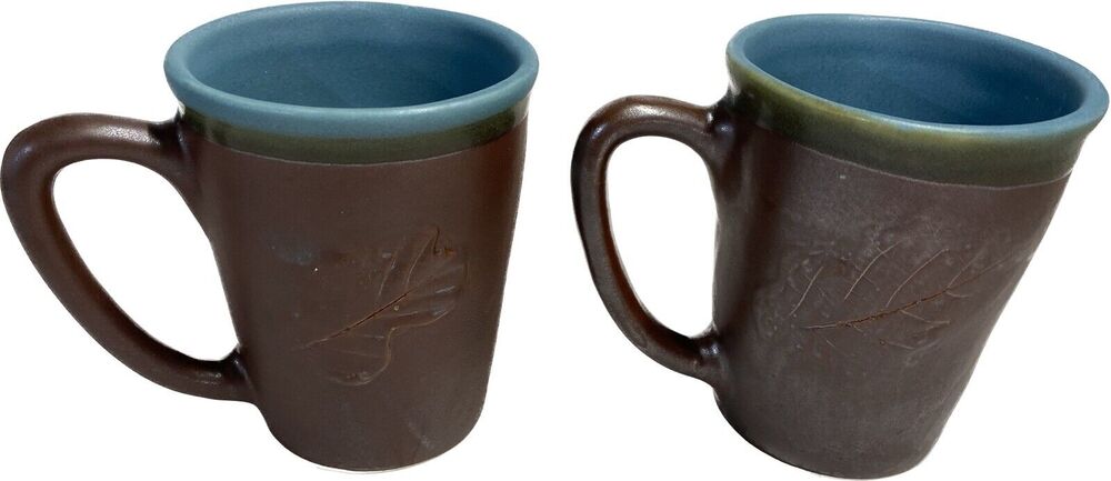 Pottery Mug Set Couples Mugs Fall Raised Leaf Embossed Brown Teal Cups